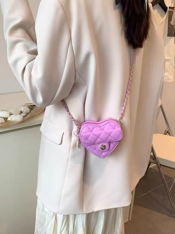 Amorette lilac heart crossbody bag, on-body view