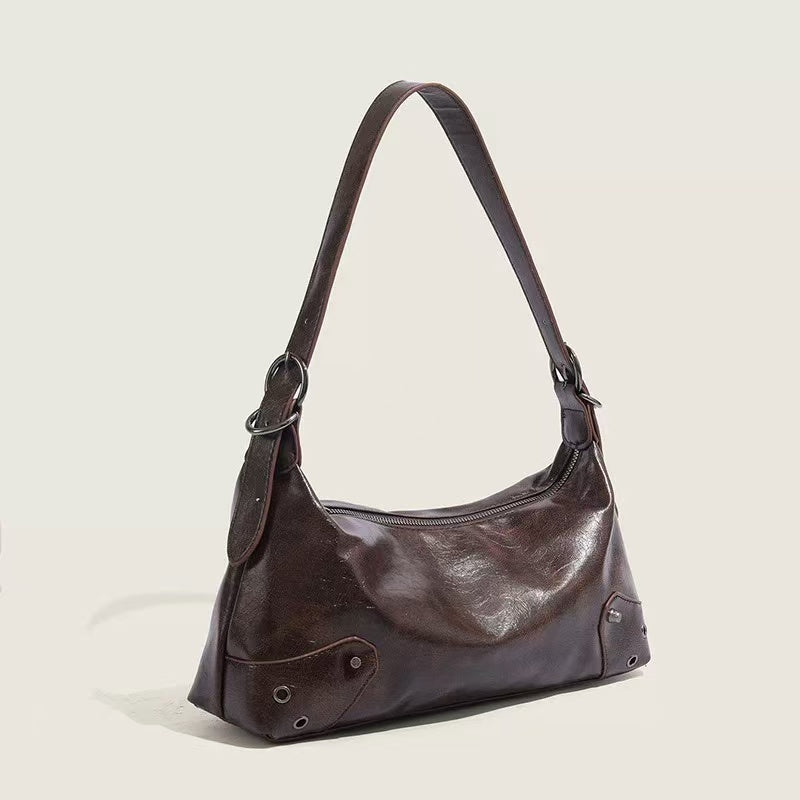Marlow Chocolate Brown moto shoulder bag, alternate side view