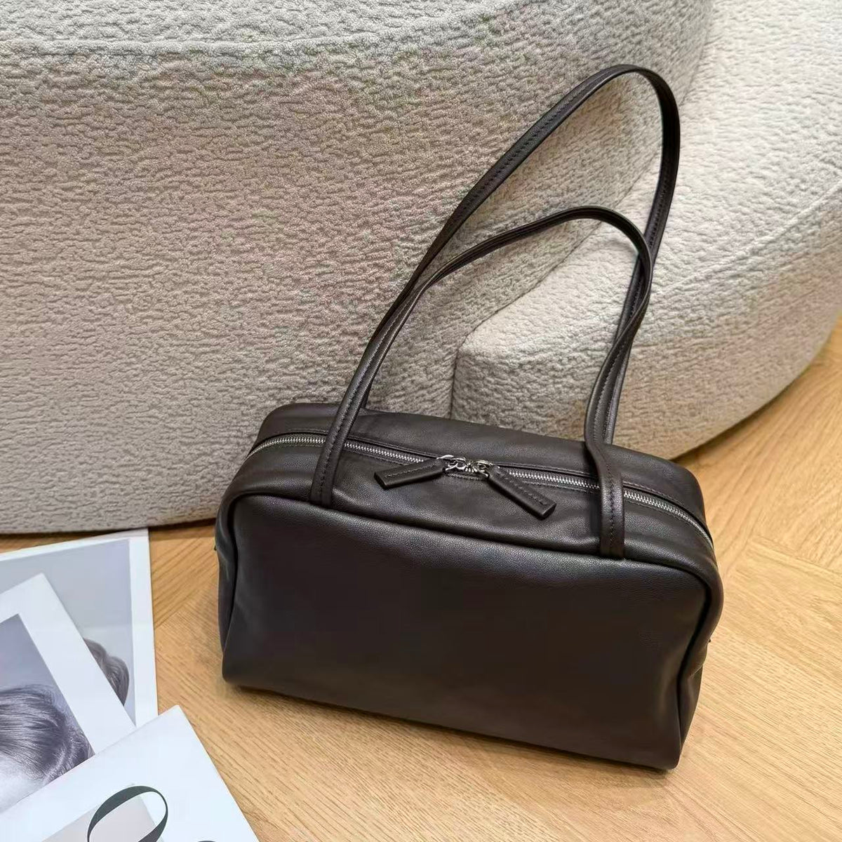 Amoirelle Vesper black sheepskin shoulder bag, front view