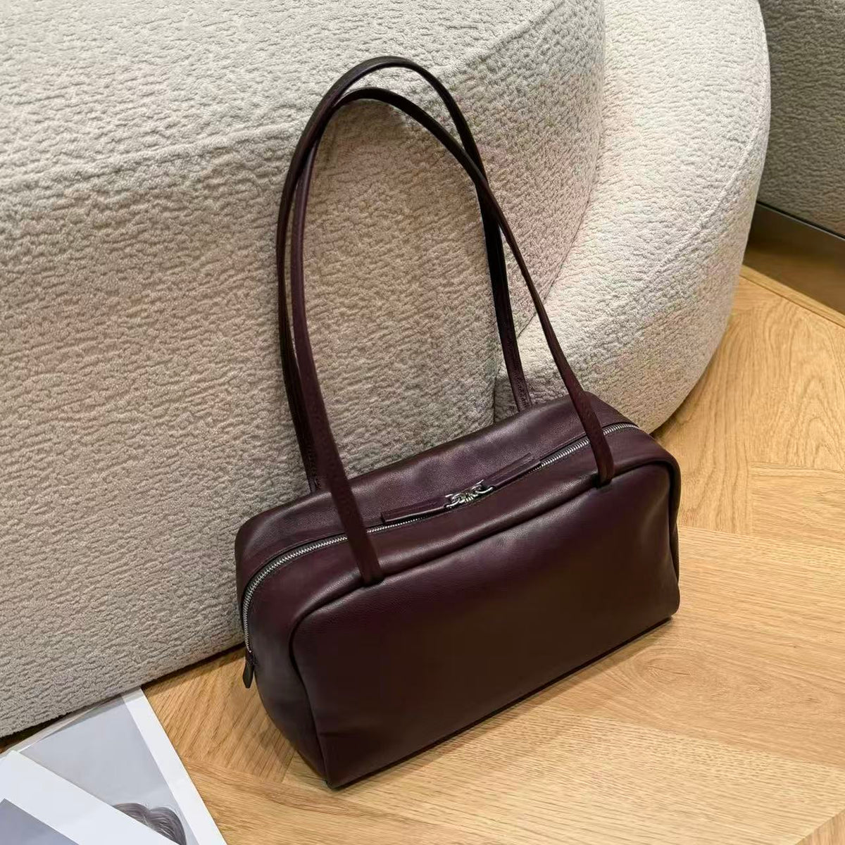 Amoirelle Vesper burgundy sheepskin shoulder bag, front view
